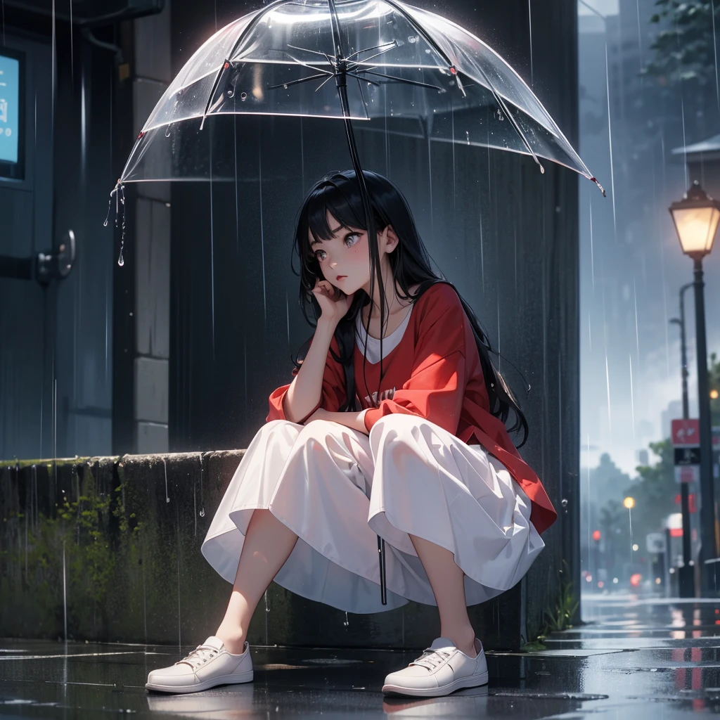 realistic Korean girl 19 year old.cute girl sitting on the road with an red top and white under where and white shoes. top with name " M " big size word correct write on black colour. it, after rain and no Bays, beautiful lonely boy, with Cute white cat, rainy mood, realistic picture, pretty girt standing in the rain, emotional picture profile pic, rainy weather, ulta 4k pictures.