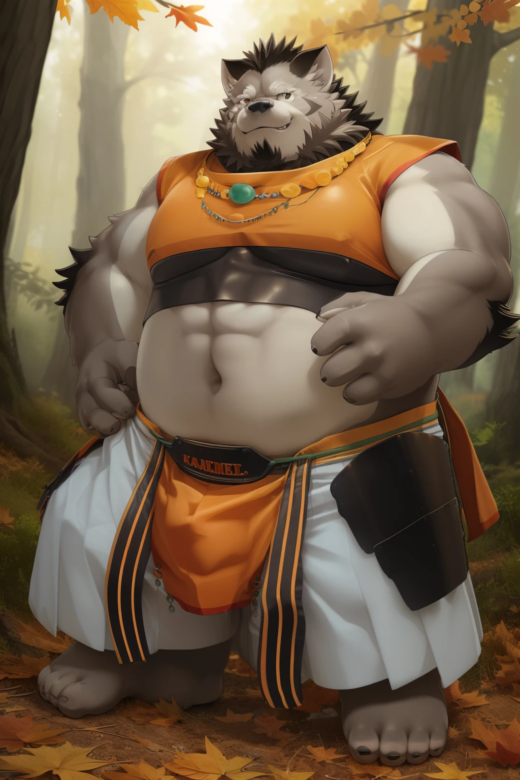 Pause, Pause, alone, strong, Black Armor, Green rope, Orange loincloth, (Black Shirt:0.382) ,Orange Tank Top, feet, Five fingers, necklace, Smile, Please open your eyes, Autumn forest, Very detailed, masterpiece,(Highest quality), (Very detailedイラスト), Excellent anatomy, (Detailed CG), (Bright Eyes), Stomach, stomach筋, stomach, (Chubby:1), Black Hair, 裸feet, whole body, (White Skirt:1.1), Orange loincloth, (Complex, Attention to detail, Film Photography, Soft Focus, RAW Candid Cinema, Photorealism, Realistic, photoRealistic, Analog Style, Scattered beneath the surface, masterpiece, Highest quality, ultra Realistic, 8k), (Kaneen Kai,Takemoto Arashi), (Yamato (Tamakore)), Bulge,ejacuculation under clothes,pussy juice stain