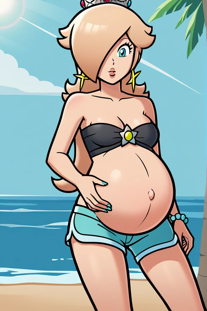 score_9, score_8_up, 1girl, solo, rosalina, style parody, thick outlines, black bikini, shorts, pregnant belly, sleeveless, strapless, cleavage, indoors, beach, front view