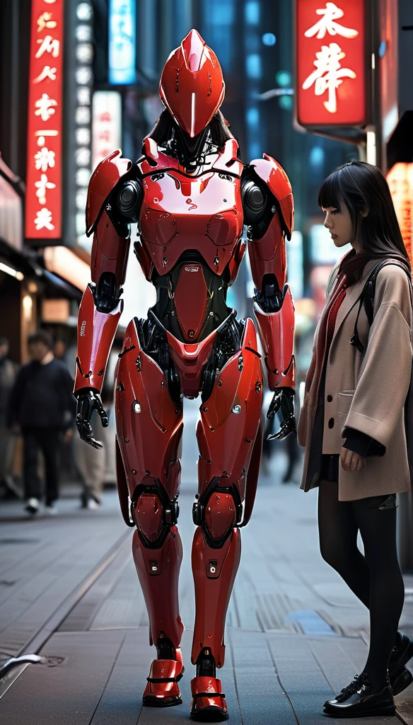 Girl walking on the street holding a phone texting, , walking next to a highly detailed and realistic samurai robot bodyguard with humanoid features. The setting is an urban street that appears to be in Japan, with a background of bright city lights and signs.red suit, The contrast between traditional clothing and futuristic robots will be striking, emphasizing the blend of historical culture with cutting-edge technology.