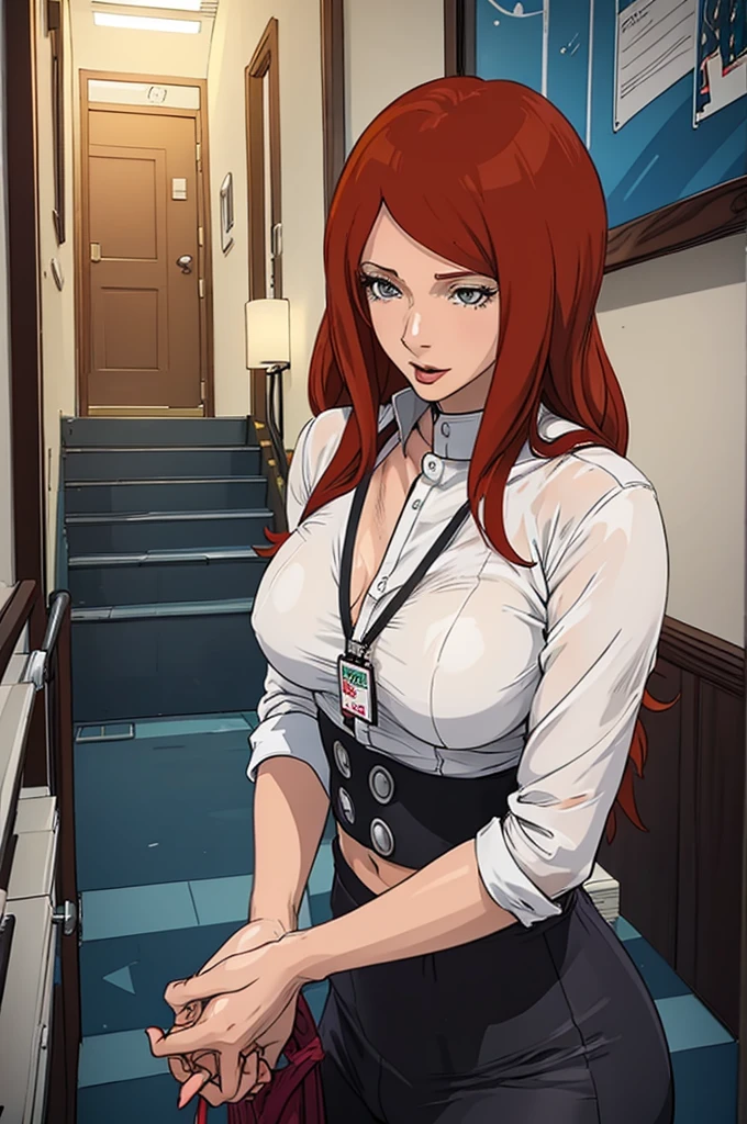 Redhead Kushina in tight white shirt and black mini  skiirt having sex with a  black man on stair case , stairs,office sex , stealth sex,blw job ,office fellatio ,milf