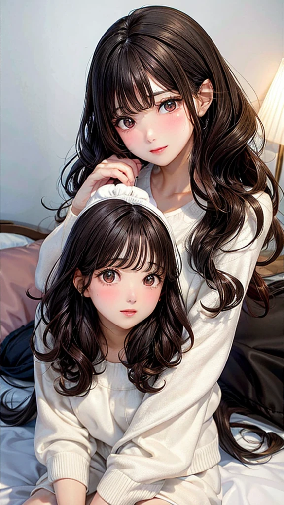 Brunette with curly black hair and brown eyes sitting on the bed admiring her mother