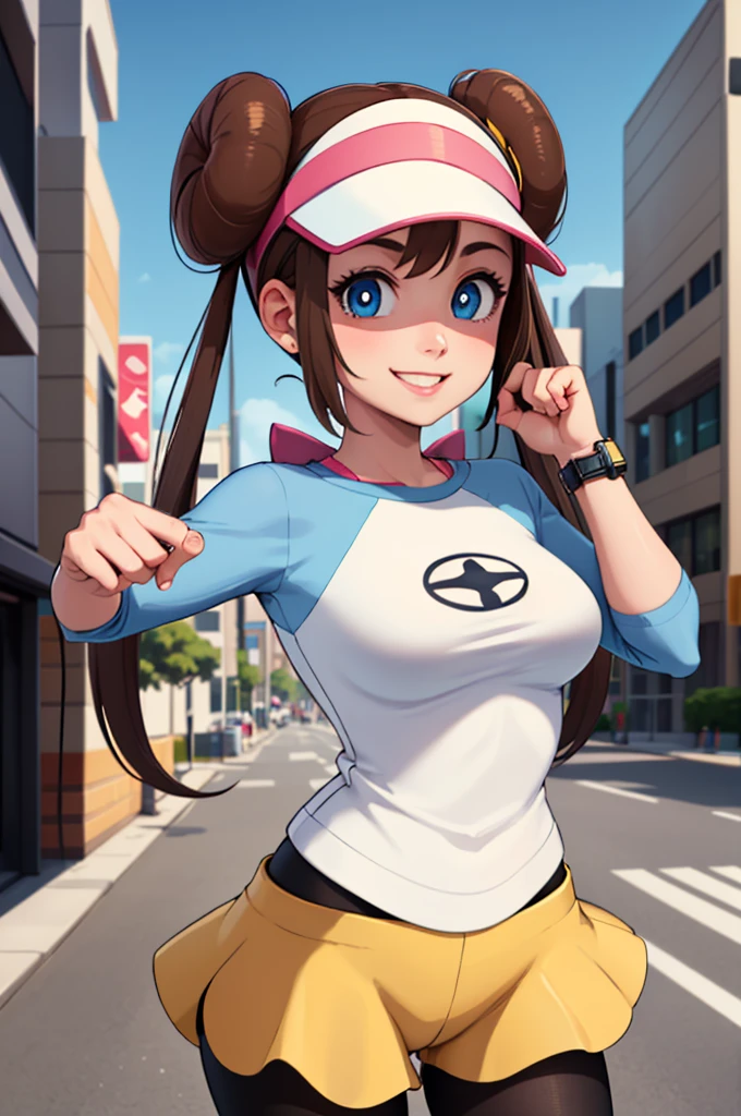 ((masterpiece,best quality)), absurdres,  ro1, hair bun, blue eyes, twintails, visor cap, pantyhose, raglan sleeves, yellow shorts, shirt, pink bow, wristwatch,
 solo, smiling, looking at viewer, cowboy shot, cinematic composition, dynamic pose, modern city, city street, shirtlift,