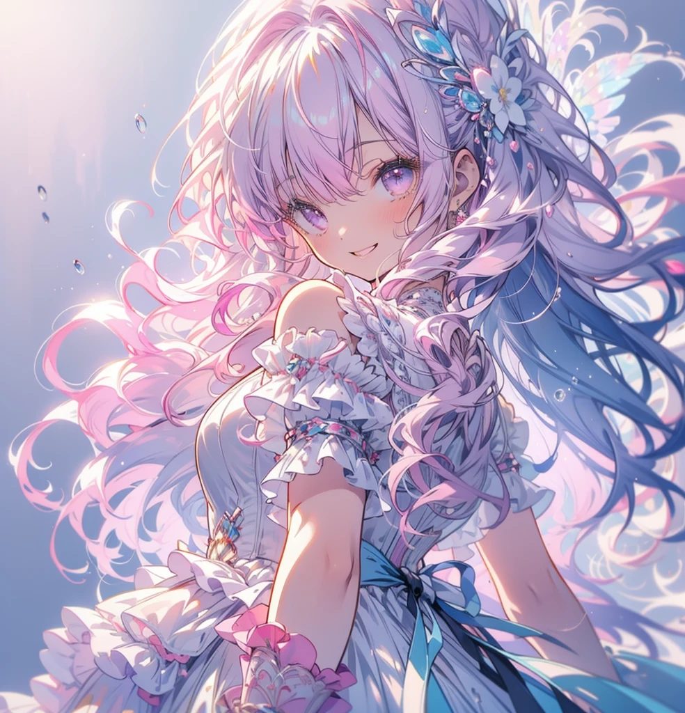 (masterpiece,Highest quality, Very detailed, beautiful, Exquisite, 16K, Full HD), ((smile,Happy:1.5)),get up,((Frills, Sparkling fluffy layered ball gown)), (Pink medium hair,Wavy Hair,Fluffy hair),(White skin,Lavender eyes, Long eyelashes, Big eyes,Pale pink cheeks), (pastel colour,Fantasy art:1.2), (White Background:1.8),Facing forward,Upper Body,身体はFacing forward