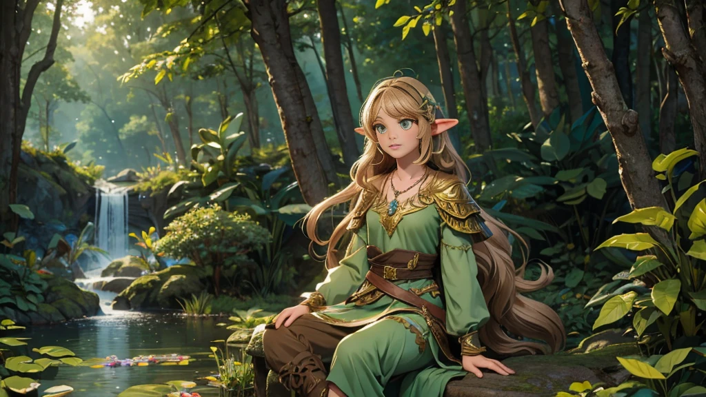 1017824288 Create a detailed illustration of a character named Mia in a magical forest setting. Mia is a young half-human, half-elf woman with the following characteristics: Hair: Light brown with golden highlights, long and slightly wavy. Eyes: Green, with a touch of shine. Ears: Slightly pointed, reflecting his elven heritage. Clothing: She wears a green and brown outfit made from natural materials, adorned with leaves and flowers. His costume is light and allows ease of movement, with a touch of magical elegance. Accessories: She wears a delicate necklace with a sparkling crystal pendant. Pose: Mia is sitting next to a crystal clear lake. She has a serene, relaxed expression on her face.