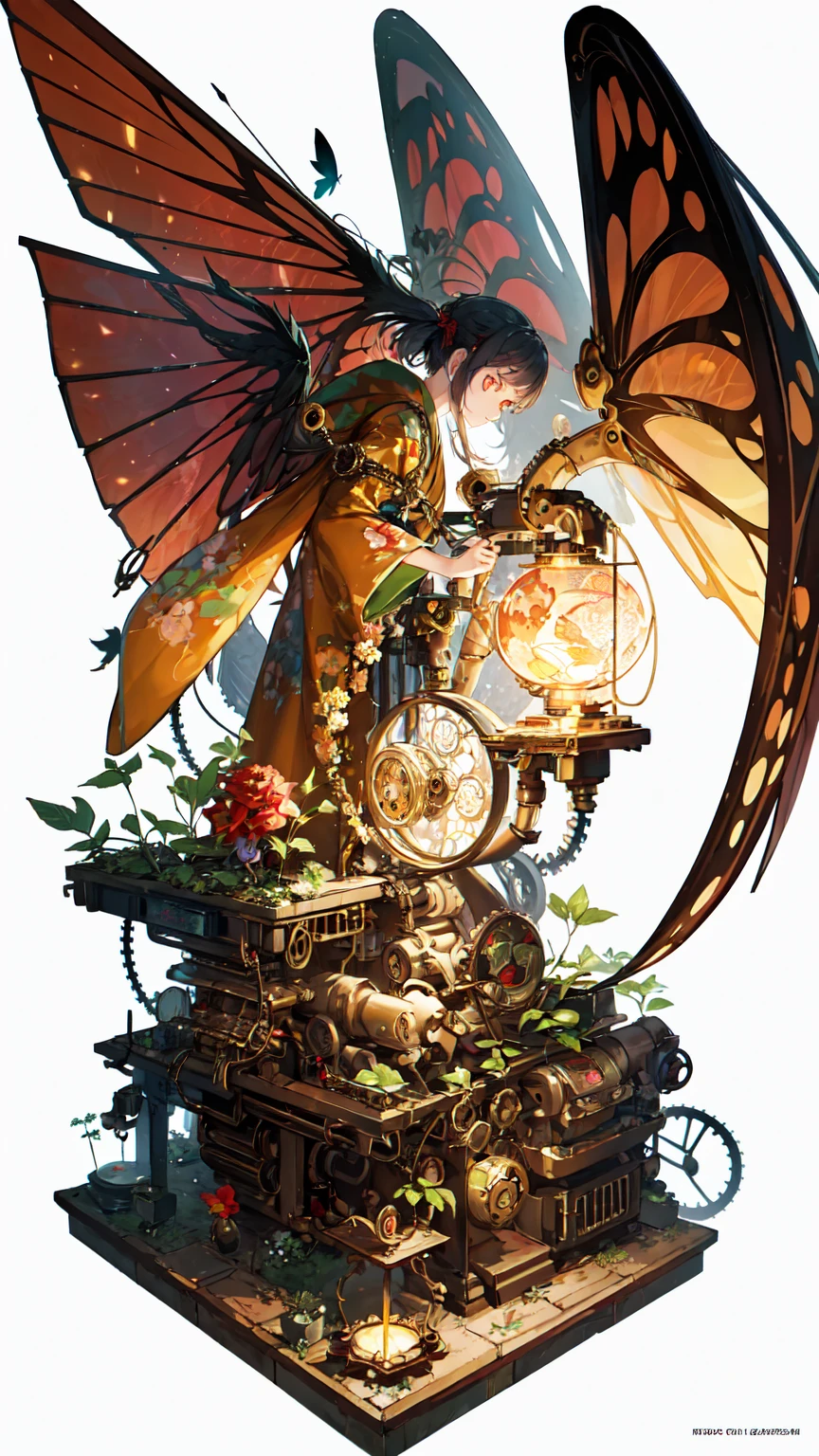 (Highest quality,4K,8k,High resolution,masterpiece:1.2),Very detailed,(Actual,photoActual,photo-Actual:1.37),girl,mechanical,steampunk,Japanese Ukiyo-e Style,,metallic,fluid motion,Stylish design,Cybernetic Enhancements,Intricate Gears and Cogs,Wires and Circuits,Strong gaze,Bright colors,Fantastic Light,mechanical transformation,mechanical limbs,Futuristic cityscape,mechanical flowers and plants,A cold and distant look,Hauntingly beautiful,Gorgeous kimono,translucent mechanical wings,mechanical butterflies,Glowing Eyes,A fusion of traditional and modern elements,Meticulous artistry,Precision Engineering,Attention to detail,industrial aesthetics,The movements are graceful and gentle,Seamless integration of humans and machines,Otherworldly Beings,White Background,Best details,超High resolution