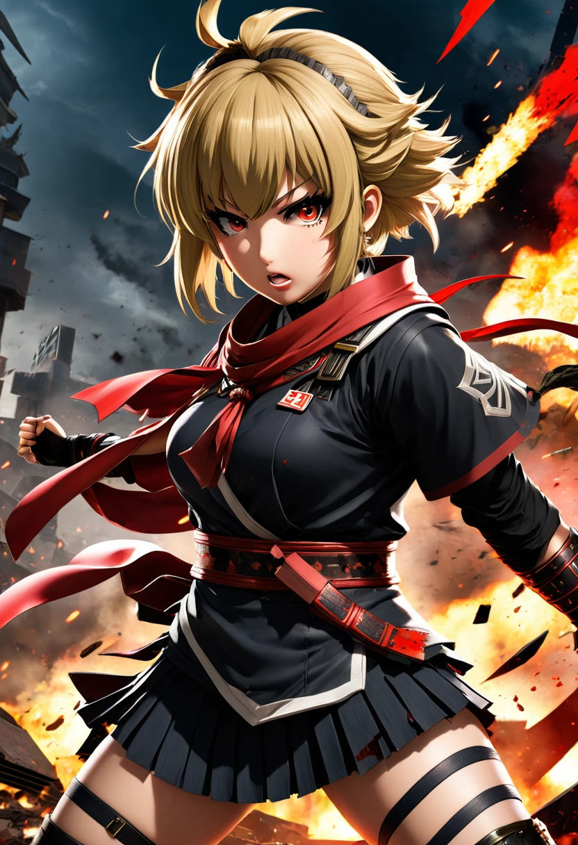Character: Toga Himiko
Pose: In a dynamic combat stance
Action: Ready to attack with her quirk activated
Setting: Urban battlefield with debris and destruction around
Details: Fierce expression, blood trickling from the corner of her mouth, her outfit slightly torn from battle