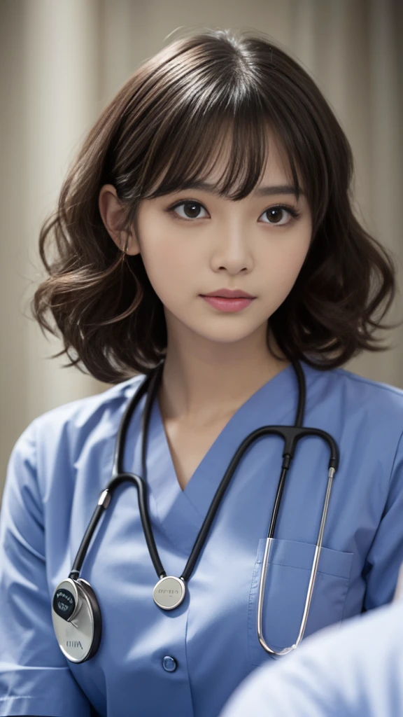 bending over,(Highest quality, Very detailed, masterpiece:1.2), 1 female, Very thin body, length, Thin legs, ((Black wavy short hair:1.2)), ((Thick and fluffy bangs)), Very detailedな顔,A faint smile, small, Thin Nose, small thin mouth, Extremely sharply focused eyes, Japanese, Beautiful Face, Realistic eyes, Beautiful and beautiful eyes, Realistic Skin, Beautiful Skin, charm, (Lively Faces), (Colorful-design nurse uniform), Creepy and unique hairstyles, High resolution, Vibrant color palette, , Tim Burton's signature dark shadows and strange details, Shooting from below,