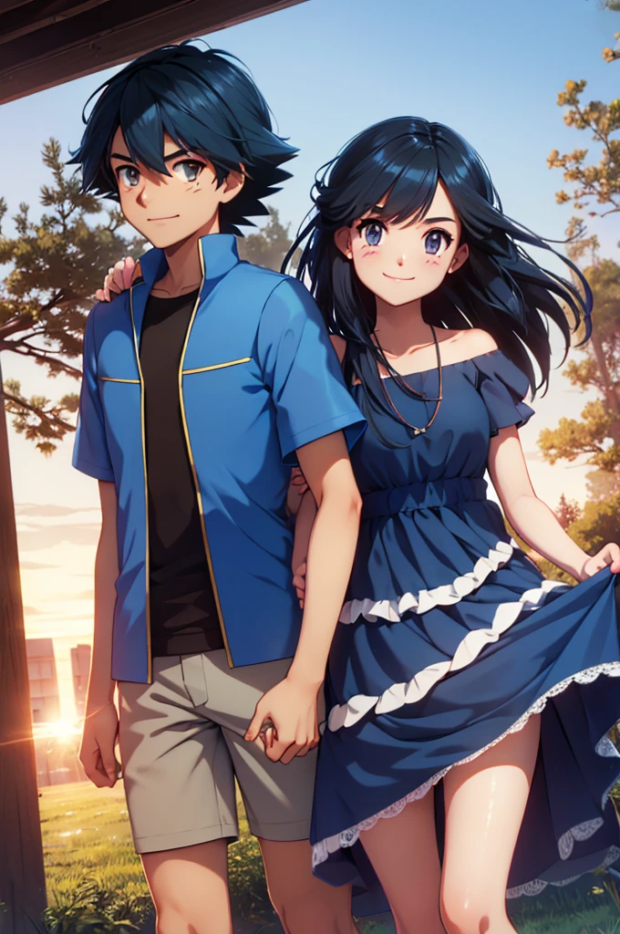 good quality,duo, 1 girl (dawn, long blue hair,straight,blue eyes,dress) 1 man (Ketchum ash, black hair,Brown eyes), couple,smiling,pokemon