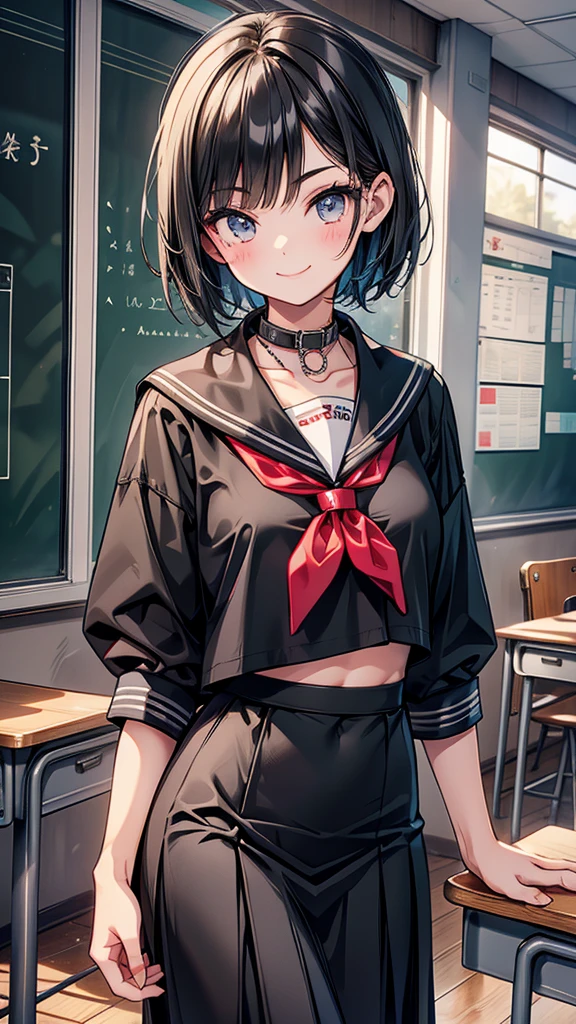 high school student　short hair　tall　Narrow eyes　smile　Glare　frivolous attitude　Country-style black sailor suit　Nagoya collar　Long skirt　stand　Rural classroom