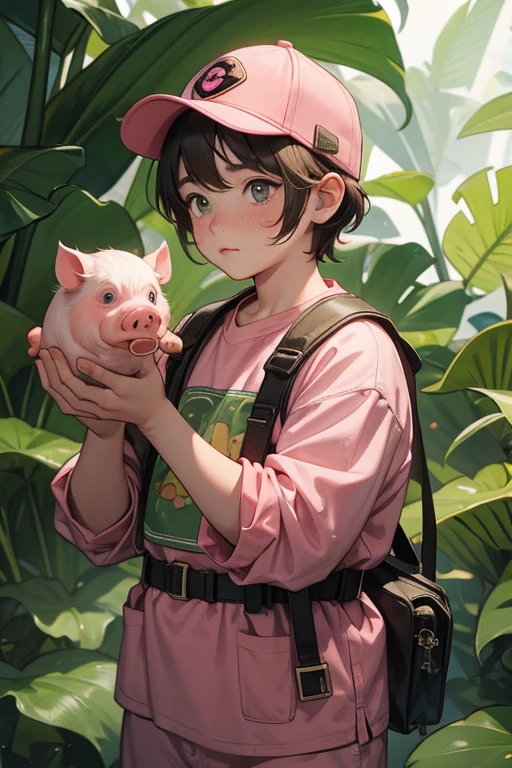  chubby boy with freckles. wears pink jungle adventure gear,  confused look on his face, holding pig skull in one hand
