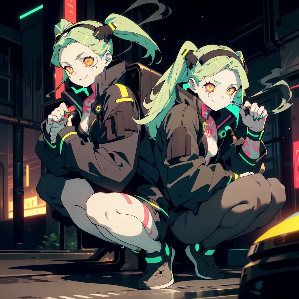 ((masterpiece)), best quality，night, cyberpunk city, crouching by the side of the road,(full body，rebecca, yellow eye, smile，mechanical eye, red sclera, twintails, leg tattoo, colored skin, tattoo, petite, black hairband, green hair, neck tattoo, small breasts, headgear, long hair, stomach tattoo),smoking