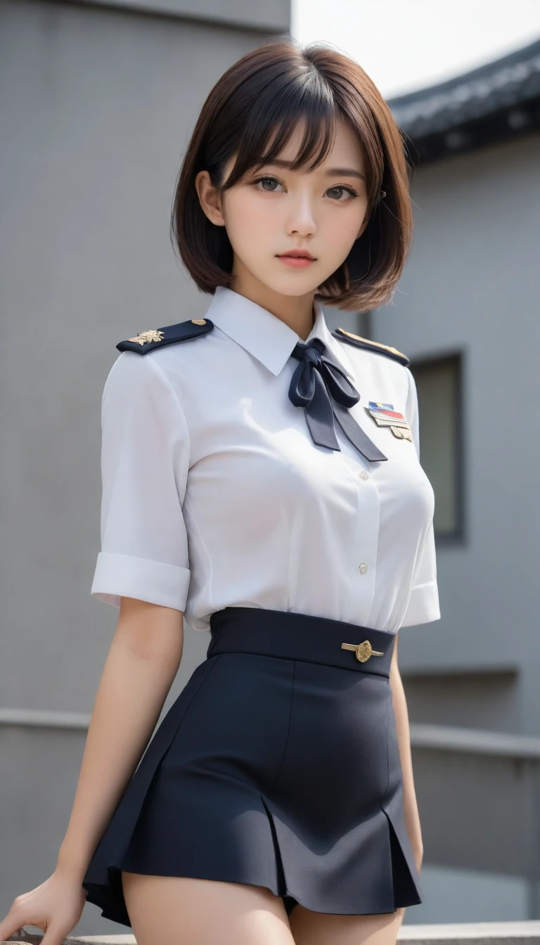 8k, Ultra-high resolution, Highest quality, masterpiece, 三分割法によるphotograph,Surreal, photograph, 1 Girl, (:1.3), pretty girl, Cute Face, Beautiful eyes in every detail, 細かくdetailedに,masterpiece,One Girl:1.2,Japanese female officer,Superior non-commissioned officer,full body,furious,glaring,Black short hair,Bob with bangs, (The finest ceremonial attire:1.3),Pencil Skirt,Military clothing, SS uniform,HUGO BOSS,Sharp contours,Looking down,Gray background, Light from above, Low contrast, (Side view),Perfect and beautiful face ,完璧でCute Face, Skin with attention to detail, Perfect limbs、Narrow waist,Looking at the audience,(((Ideal body type))),A cup small breasts :2,Portraiture:2,Perfect Anatomy,鮮明なdetailed,detailed,Surreal,Light and shadow,glowing