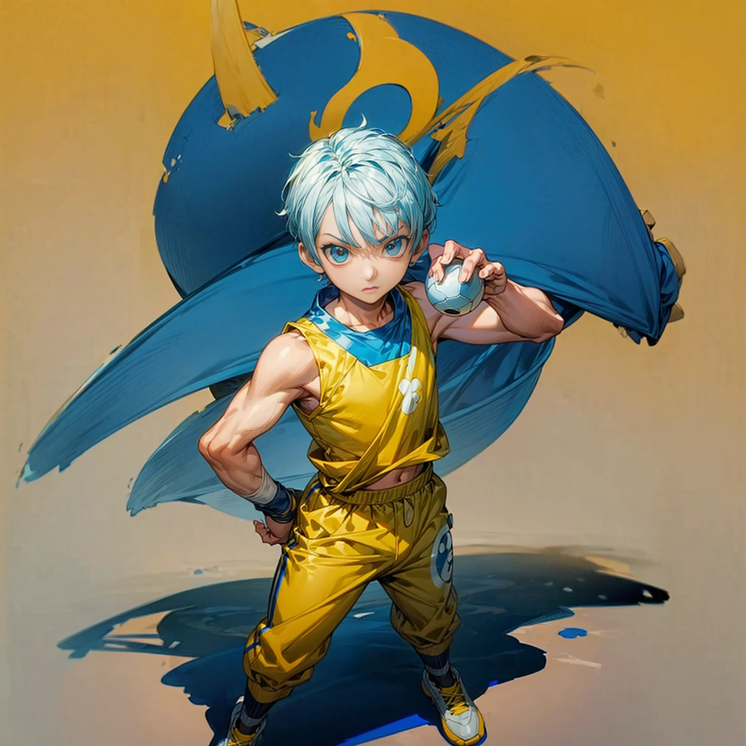 Solo character, kid boy, Full body version, blue half white colour hair, short haircut, yellow sleeveless shirt, blue track pants, football boots, Grassroots, background white simple, standing gesture, shadow, (one piece style art)