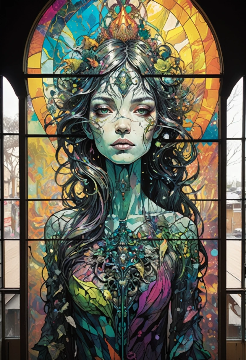 Poster,Jim Mahfood,ellen jewett, Very detailed, High Contrast,masterpiece, Stained Glass Background,Leonardo da Vinci,psychedelic,世界の創造魅惑的なpsychedelic, LSD Trip, colorful, Shine,