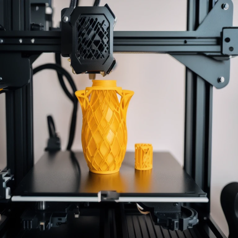 There is a yellow vase on the table next to the printer., 3D Printinging, 3D Printing, 3D Printing, 3D filament, High Resolution Print, Upscale to high resolution, Accurate and detailed, Fresh from the printer, high definition printing, 3D Printing line texture, 3D Printing building, 3D Modeling, 3D Modeling