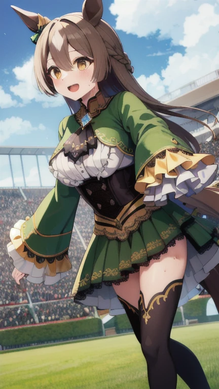 masterpiece, best quality, highres, aasato, long hair, half updo, braid, hair between eyes, animal ears, ear ornament, horse tail, breasts, frills, black ascot, green dress, (sleeves past wrists:1.2), black thighhighs, field, grass, (running:1.1), smile, open mouth, sweat, audience,