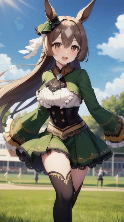 masterpiece, best quality, highres, aasato, long hair, half updo, braid, hair between eyes, animal ears, ear ornament, horse tail, breasts, frills, black ascot, green dress, (sleeves past wrists:1.2), black thighhighs, field, grass, (running:1.1), smile, open mouth, sweat, audience,