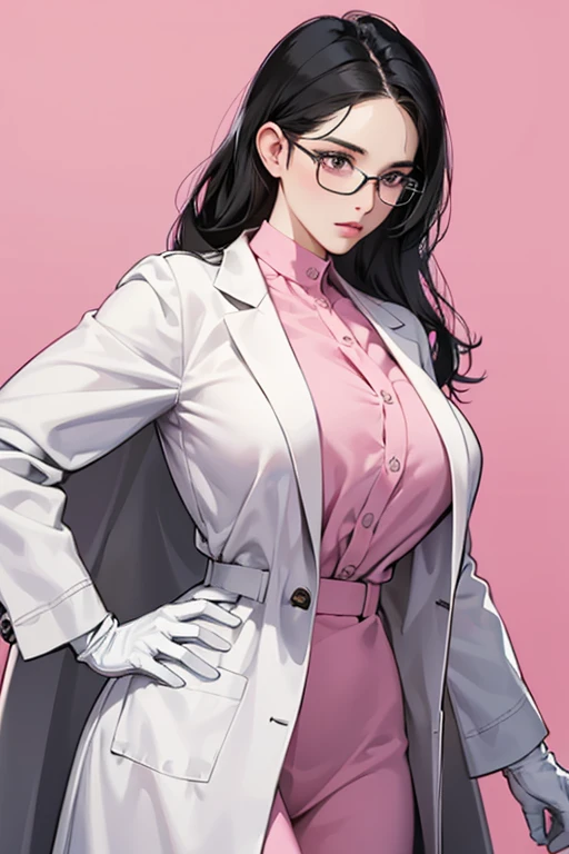 A black-haired, glasses-wearing mature woman in a white lab coat puts on large pink rubber gloves and grasps the patient&#39;s crotch in the examination room