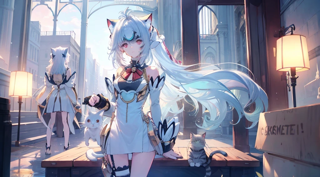 Eyes detailed,Full body photo,one-girl,meet,bare-legged,Barefoot,the watercolor style,Cat style,Public area display,sliver long hair,lightblue hair,Light pink hairstyle,Cat ears,a pink eyes,Lolita prostitute,meia blanca,Pink bow,mouth open smile,ligation bracelet,Superior image quality,Best quality at best