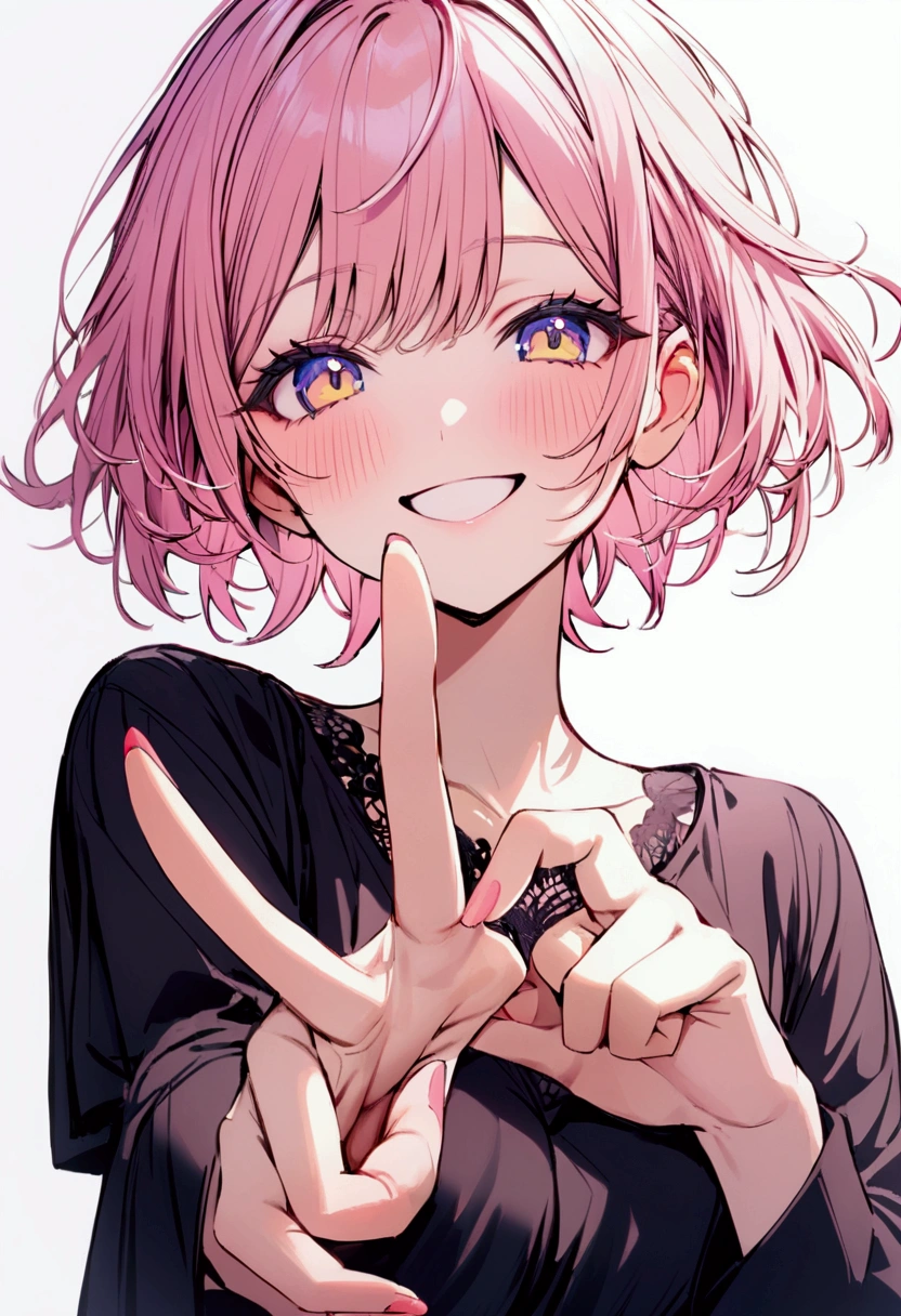 Young woman, Upper body, short hair, pink-yellow hair, blue-purple-yellow eyes, Blue Makeup, black shirt, simple background, smiling, peace sign hand, blushing