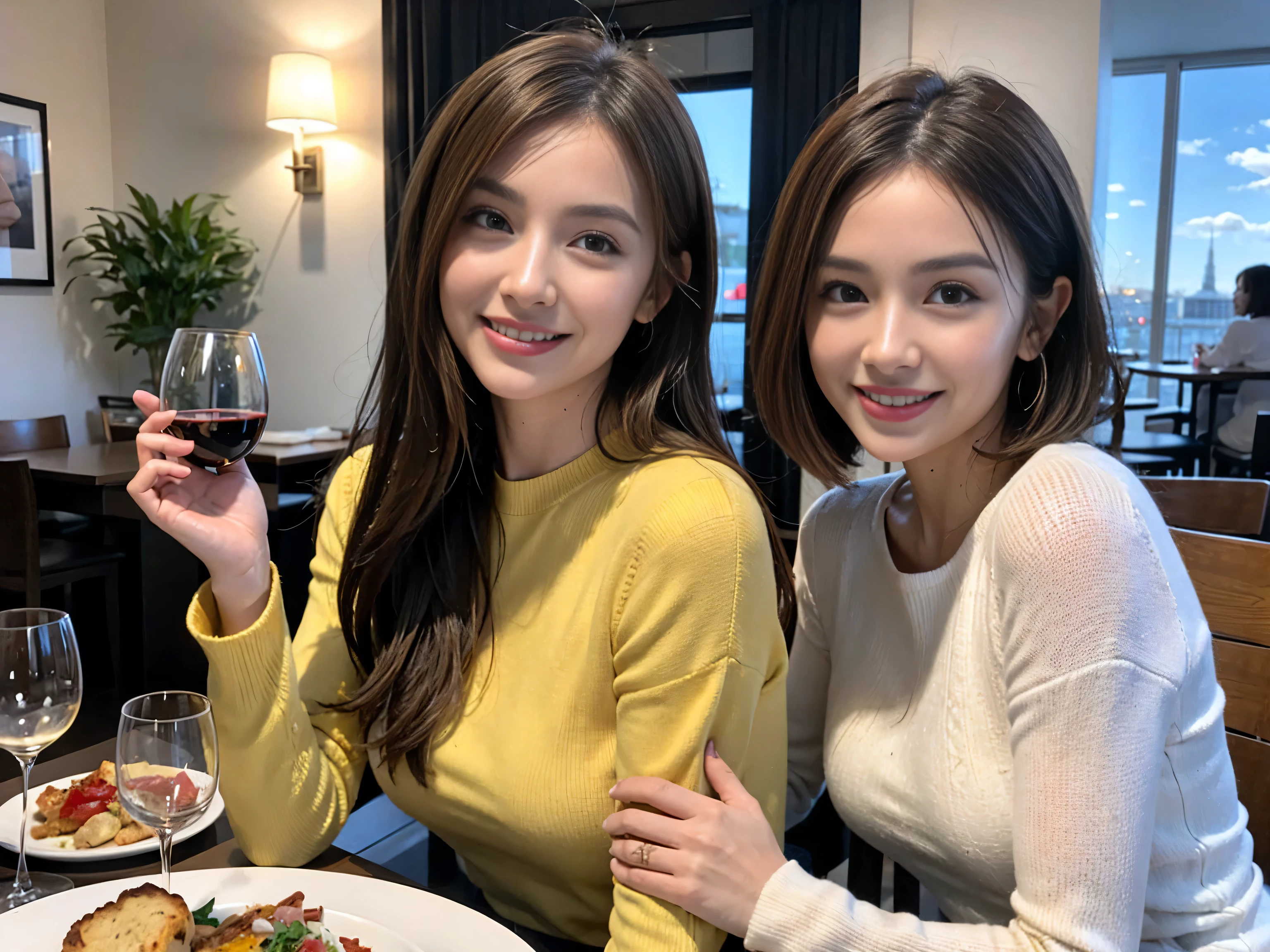 (Realistic:1.1),(masterpiece,Highest quality),8k,(49 years old), 53 years old, slimカップル、Tight waist,Upper Body,full-course dinner、wine 、Amazing view of the sunset sky and clouds、Perfect Anatomy, Brown Hair, short hair,Random Hairstyles,((Highly detailed face and eyes:1.2)),Perfect golden ratio face,Long sleeve shirt、dress,(smile:1.2)、Shortcuts、cute、(Realistic, Intricate details:1.2), A bright smile、short hair,Bright Face、赤wine 、Appetizers、Italian food、wine bottle、Champagne、スパークリングwine、(slimな顔), (The body is slim), (Brown Hair), (Shortcuts), Upper Body, 白wine, slim, wineグラス,