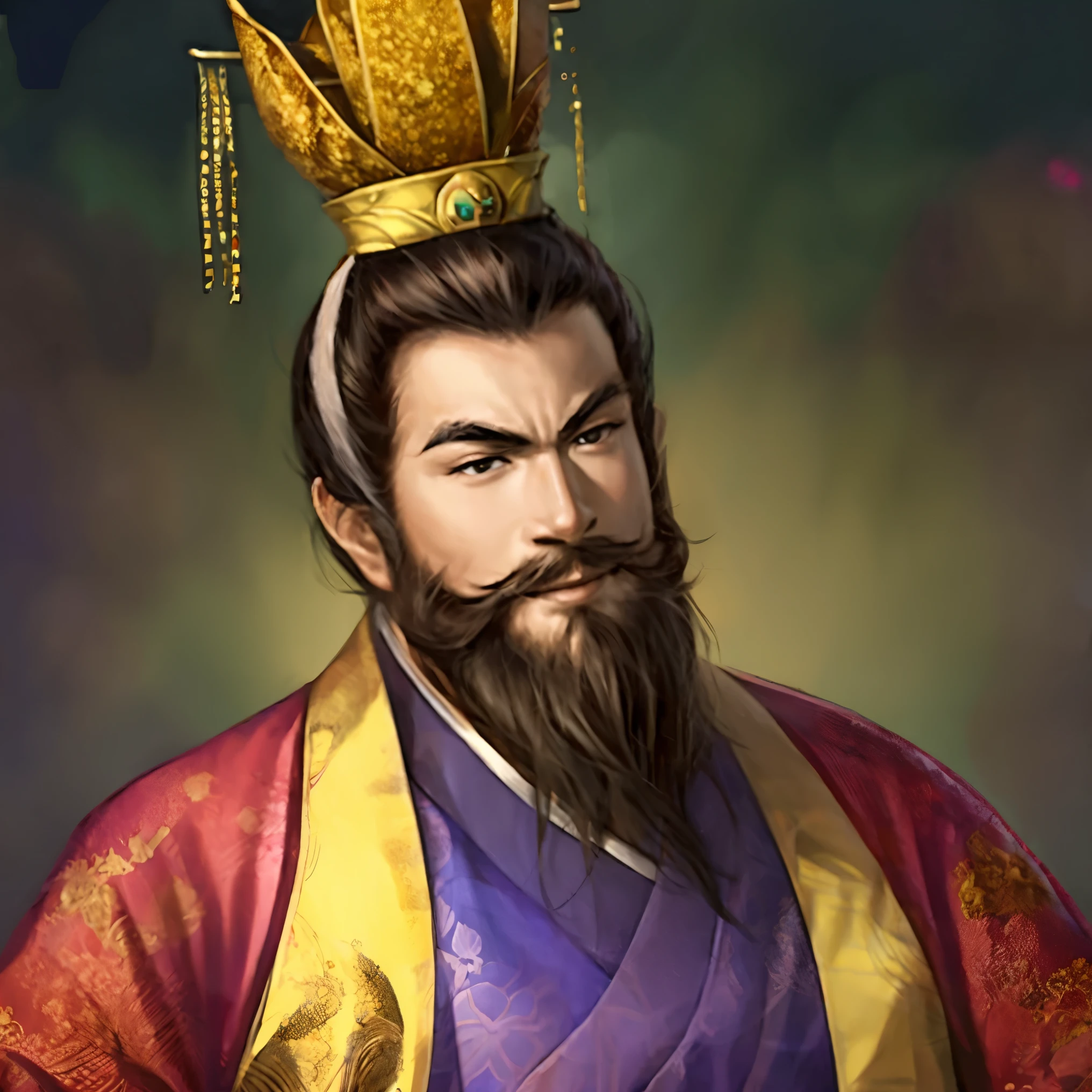 1man:1.5, masterpiece, best quality, best detail, best anatomy, best face, upper body, sangokushi11, chinese emperor, chinese crown, young man, chinese clothes, smile, beard