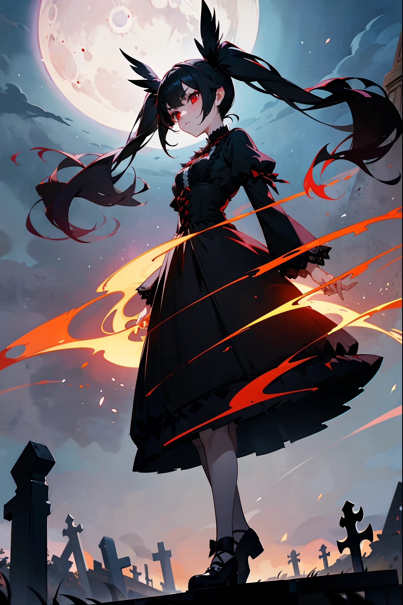 1female, raven black hair in twin tails, red eyes, wearing a gothic red lolita dress with lace detailing, standing on a path, moonlit graveyard with mist and floating flaming will-o'-the-wisps, masterpiece, 8k.