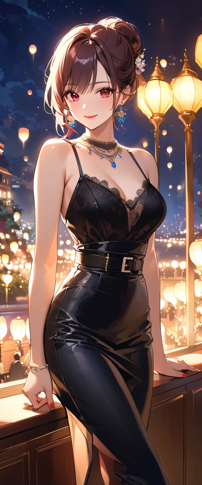 Highest quality、High resolution、Detailed Background、Beautiful face in every detail、Normal number of fingers、Highly detailed face、Detailed eyes、Beautiful women in their 20s、Perfect body line、Light color hair、well-groomed eyebrowysterious atmosphere、Romantic atmosphere、The sky is starting to darken、Dress with confidence、Feminine delicacy、
(A beautiful model with a big smile on her face against the backdrop of illuminations and night views:1.5)、
While showing off your shoulders and décolleté line beautifully、By emphasizing the I-line, you can create a feminine silhouette.、
Shiny satin and sheer fabrics give a sexy look.、Deep colors such as black and red create a mature and sexy look.、A black camisole and tight black pants are paired with pumps to complete the look.、Simple yet sophisticated and sexy style.、A sheer camisole with lace innerwear for a sheer look、
A camisole with an open back and a tight skirt make for a beautiful outfit that makes your back look beautiful too.、The back style makes it stand out、Put your hair up and show off your neck for a more sexy look.、Add some red lipstick and eyeshadow to brighten up your face and make it even more attractive.、Necklaces and earrings、By using accessories such as belts effectively, you can bring out your charm even more.、very beautiful