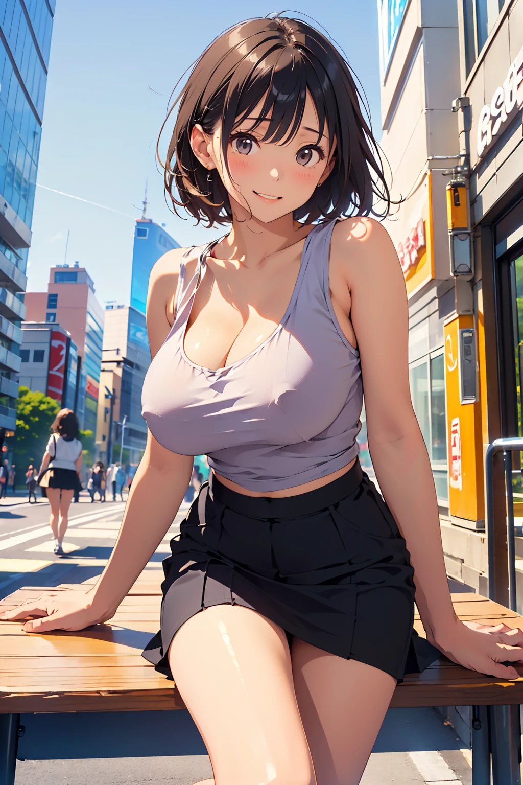 Tabletop, Highest quality, Realistic, In detail, High resolution, 8k wallpaper, Perfect dynamic composition, Beautiful attention to detail, (short Hair, Shiny hair, wave), Hair blowing in the wind, Big ample breasts, cleavage, Random pose, ((cute and thin jacket)), (cute and sexy tank top, Stylish black, skirt)、(Breast bulge:1.3), Laughter, Cityscape, Walking around Tokyo, ((Sitting with legs spread wide)), 23 years old、(Droopy eyes)、Adult Beauty、Japanese, ((from below, Photo from a camera placed on the ground)),Thighs, Glowing Skin, Realistic skin texture,