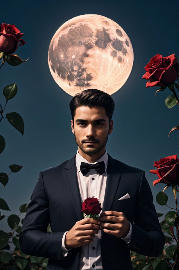 Make me a book cover of a man with a rose in his hand looking at the moon