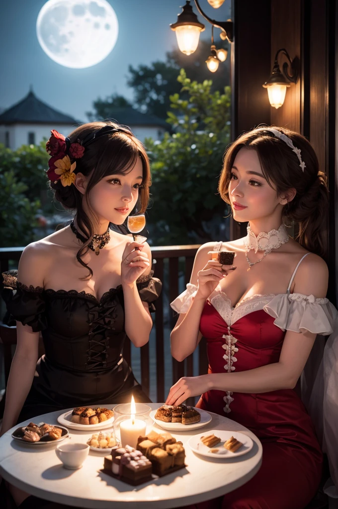 Lady chocolates and lady cakes sharing a moonlit dinner