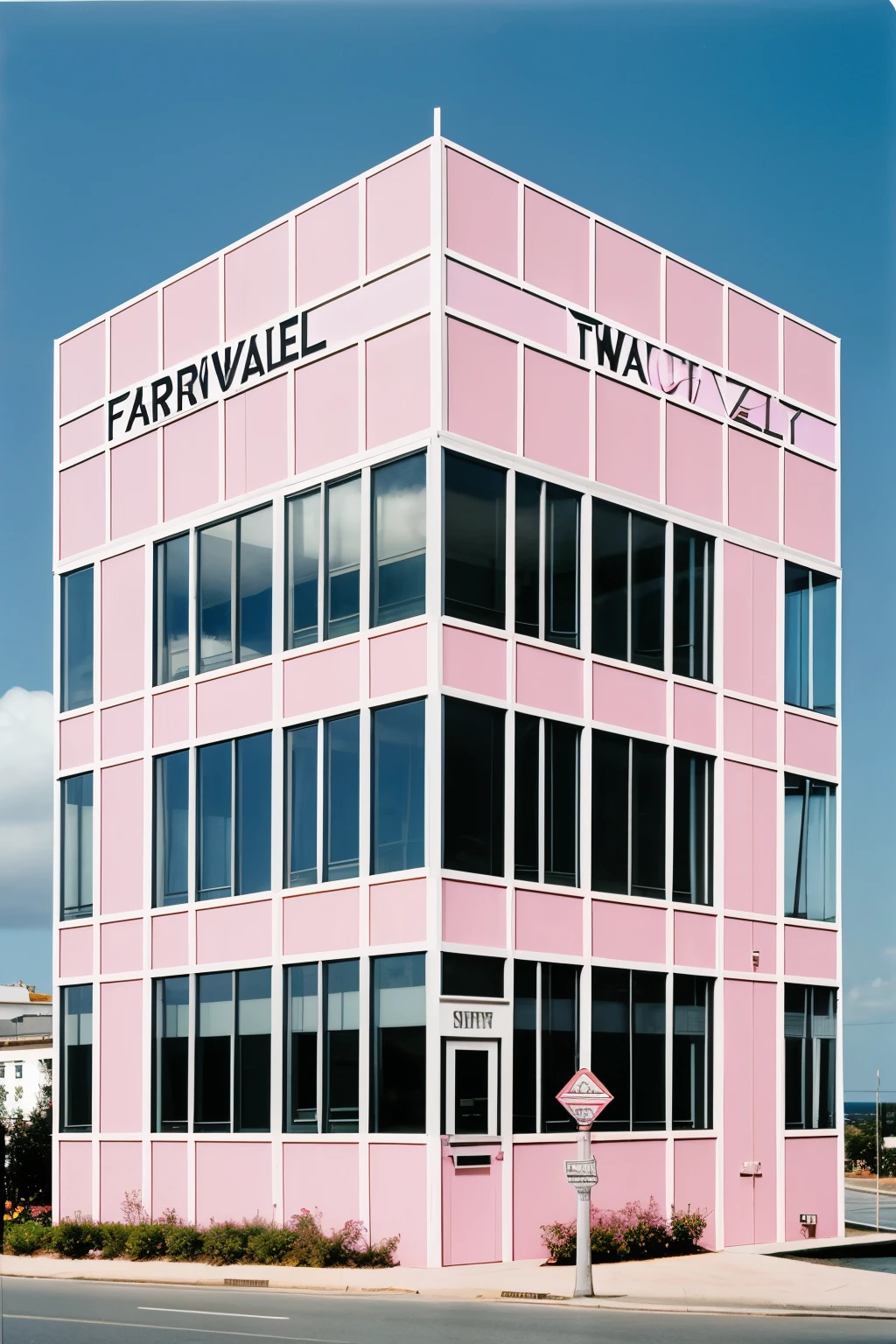 realistic image with perspective of white, pink and black building with glass doors and a sign above the door with the phrase "Fantasy Travel" in y2k style with other buildings on the sides