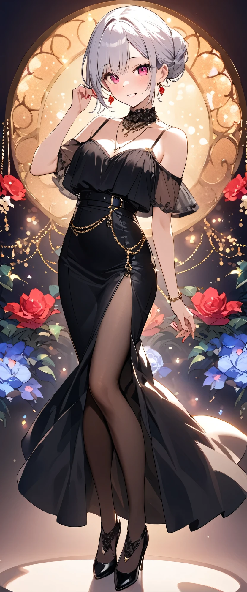 Highest quality、High resolution、Detailed Background、Beautiful face in every detail、Normal number of fingers、Highly detailed face、Detailed eyes、Beautiful women in their 20s、Perfect body line、Light color hair、Bobcut、Wavy Hairstyle、well-groomed eyebrowysterious atmosphere、Model pose、Romantic atmosphere、The sky is starting to darken、Dress with confidence、Feminine delicacy、
(A beautiful model with a big smile on her face against the backdrop of illuminations and night views:1.5)、
While showing off your shoulders and décolleté line beautifully、By emphasizing the I-line, you can create a feminine silhouette.、
Shiny satin and sheer fabrics give a sexy look.、
Deep colors such as black and red create a mature and sexy look.、
A black camisole and tight black pants are paired with pumps to complete the look.、Simple yet sophisticated and sexy style.、
A sheer camisole with lace innerwear for a sheer look、
A camisole with an open back and a tight skirt make a beautiful outfit from behind.、The back style makes it stand out、
Put your hair up and show off your neck for a more sexy look.、
Add some red lipstick and eyeshadow to brighten up your face and make it even more attractive.、
Necklaces and earrings、By using accessories such as belts effectively, you can bring out your charm even more.、very beautiful