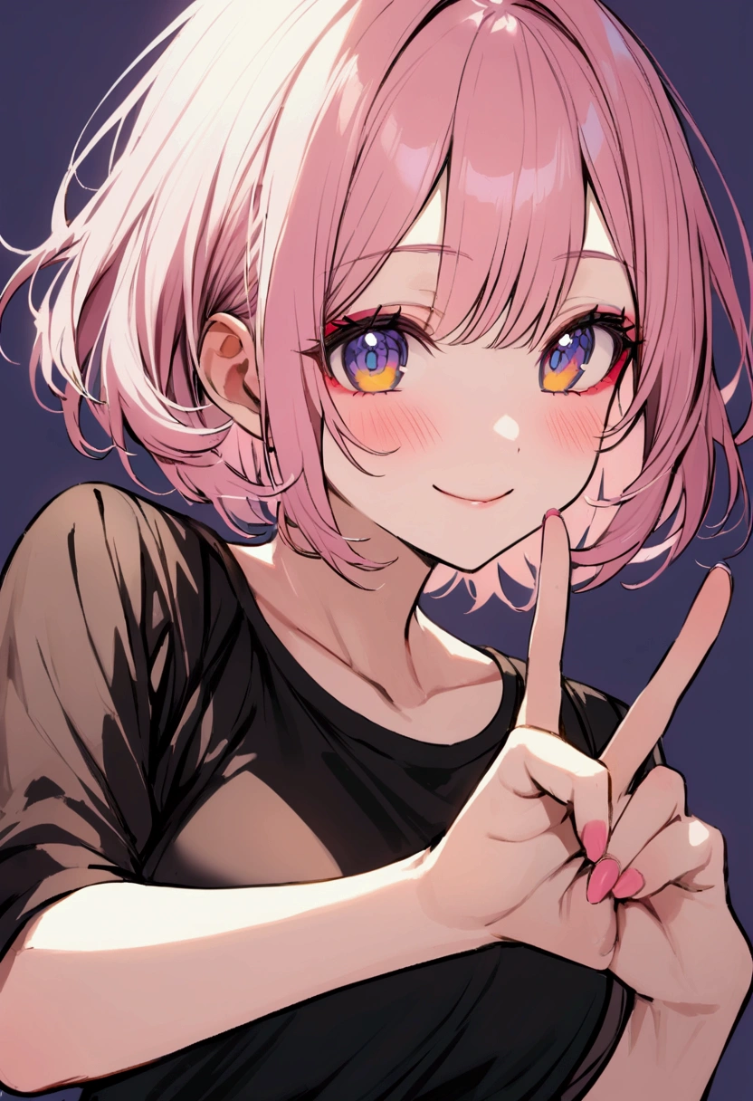 Young woman, Upper body, short hair, pink-yellow hair, blue-purple-yellow eyes, Blue Makeup, black shirt, simple background, smiling, peace sign hand, blushing
