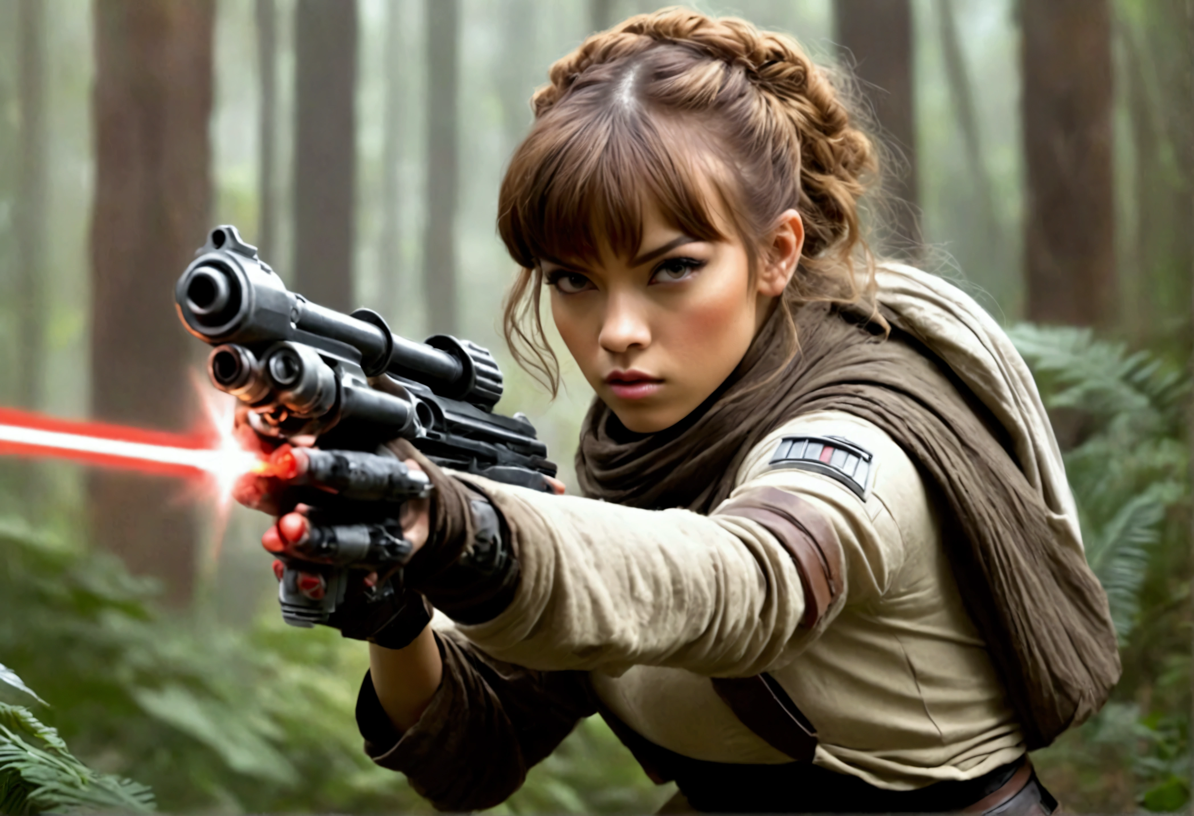 Star Wars (Lalisa Manobal, age 25, sexy combat outfit, very detailed blaster pistol) is a Rebel mercenary raiding an imperial convoy in a temperate forest. Action pose

