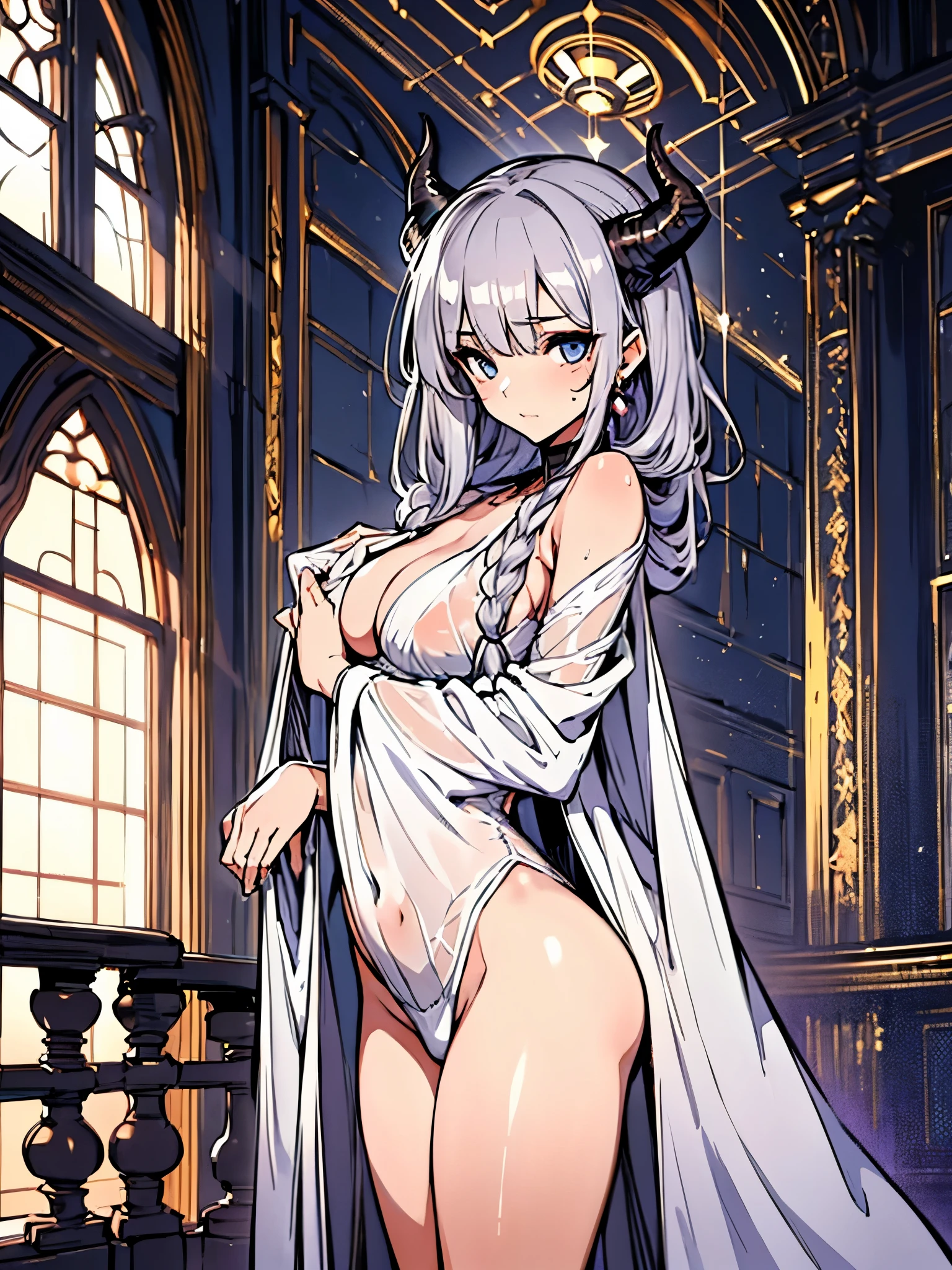 (best qualityer, work of art:1.2), ultra high resolution, realisitic, front lighting, intricate-detail, Exquisite details and textures, 1 girl, standing alone ,(Youngh), face highlight, fully body, face detailed, tear mole, offwhite skin, silver hair, hypdertailed, braided hair down to your feet, frontal demon horns, looking ahead at viewer, eyes large, silk robe, neckleace, breasts small redondos, BIG ASS, thick coxas, (hollow pattern, offwhite, silk), aretes, breasts small, Fine body, Luxury bedroom, professional lighting, photon mapping, radiosity, Physically based rendering,