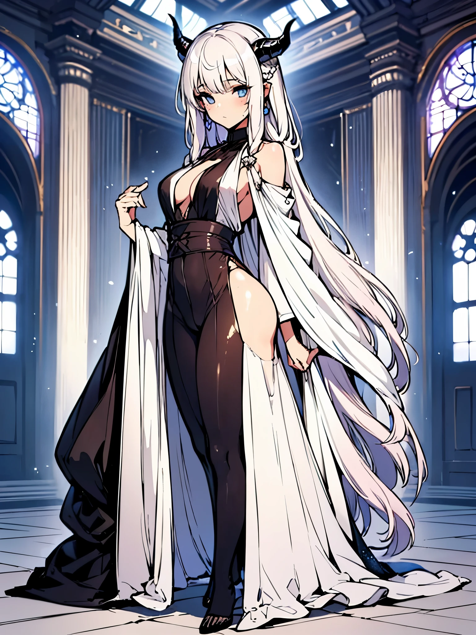 (best qualityer, work of art:1.2), ultra high resolution, realisitic, front lighting, intricate-detail, Exquisite details and textures, 1 girl, standing alone ,(Youngh), face highlight, fully body, face detailed, tear mole, offwhite skin, silver hair, hypdertailed, braided hair down to your feet, frontal demon horns, looking ahead at viewer, eyes large, silk robe, neckleace, breasts small redondos, BIG ASS, thick coxas, (hollow pattern, offwhite, silk), aretes, breasts small, Fine body, Luxury bedroom, professional lighting, photon mapping, radiosity, Physically based rendering,
