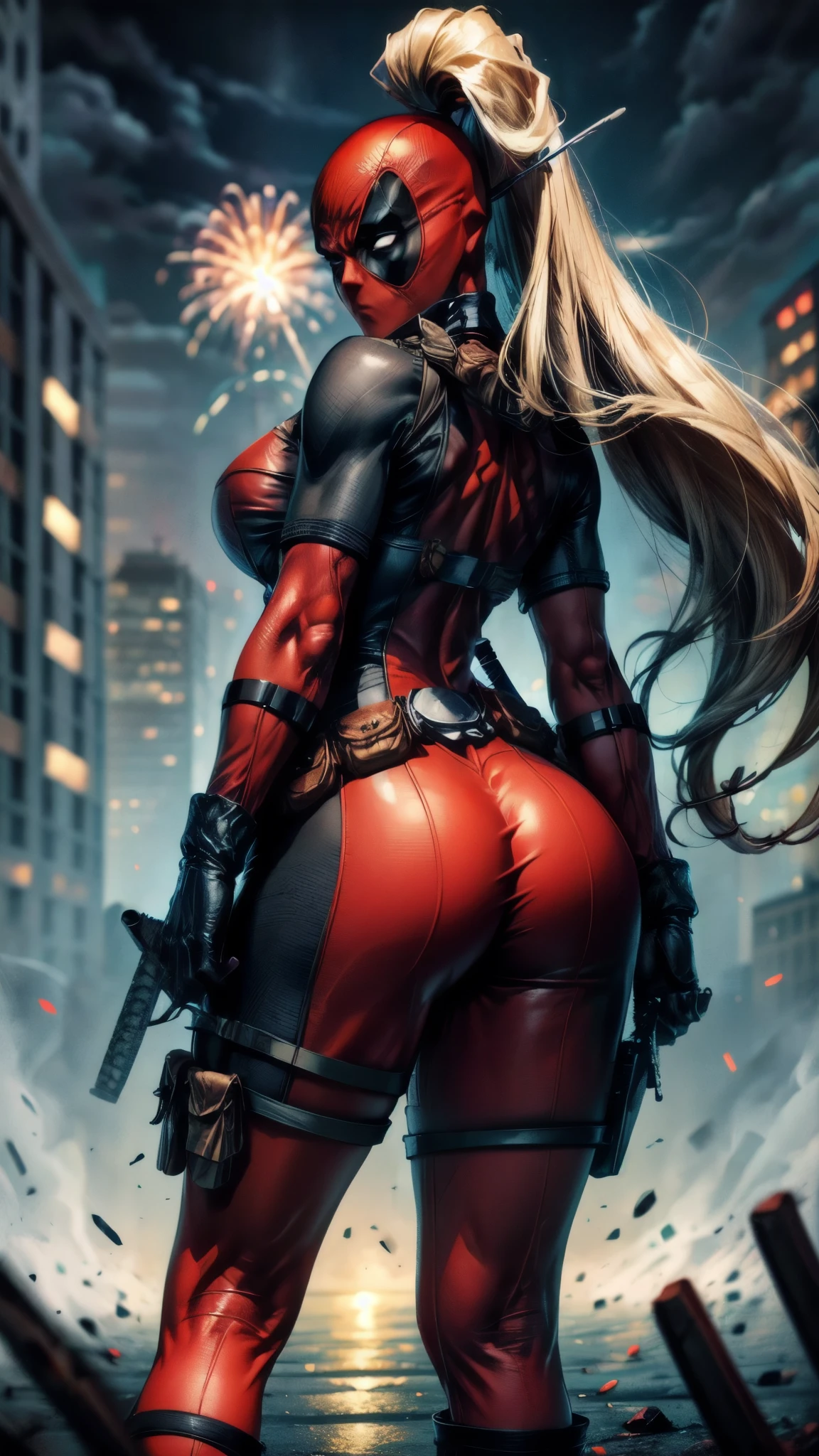 masterpiece, best quality, highres, contrapposto,
BodySuit_lady_deadpool_ownwaifu,
1girl, mask, blonde hair, ponytail, long hair, large breasts, thick thighs, curvy hips, muscular body, no pupils, 
bodysuit, skin tight, superhero, belt pouch, utility belt, red bodysuit, gloves, weapon on back, thigh pouch, thigh strap, thigh holster, belt buckle, turtleneck, 
light particles, depth_of_field, scenery, night, aerial fireworks, solo, cowboy shot, looking at viewer,