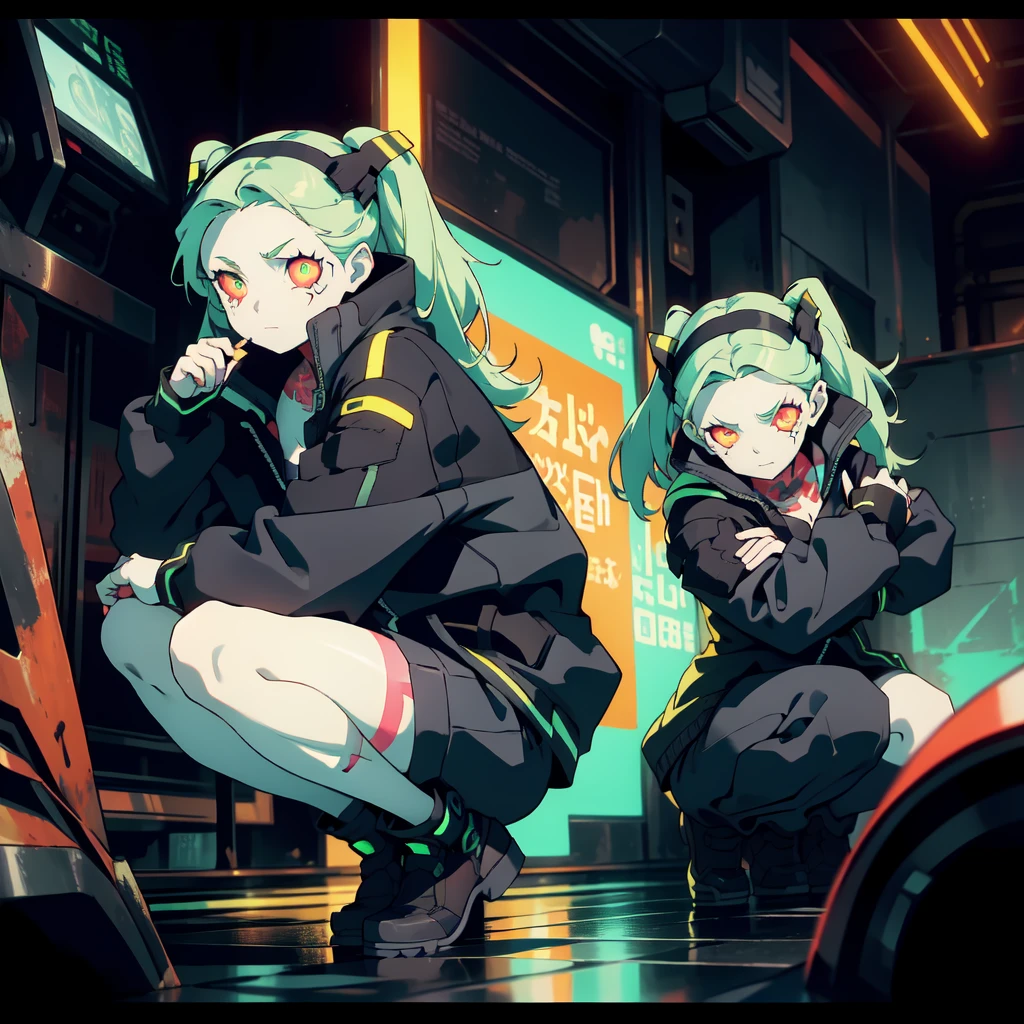 night, cyberpunk city, crouching by the side of the road, pov,(solo,full body, rebecca, yellow eye, mechanical eye, red sclera, twintails, leg tattoo, colored skin, tattoo, petite, black hairband, green hair, neck tattoo, small breasts, headgear, long hair, stomach tattoo), smoking, ((masterpiece)), best quality