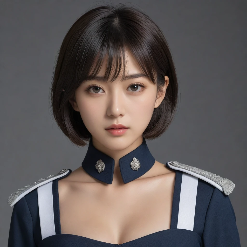 8k, Ultra-high resolution, Highest quality, masterpiece, 三分割法によるphotograph,Surreal, photograph, 1 Girl, (16 years old:1.3), pretty girl, Cute Face, Beautiful eyes in every detail, 細かくdetailedに,masterpiece,One Girl:1.2,Japanese female officer,Superior non-commissioned officer,extream close up,furious,glaring,Black short hair,Bob with bangs, (The finest ceremonial attire:1.3),Military clothing, SS uniform,HUGO BOSS,Sharp contours,Looking down,Gray background, Light from above, Low contrast, (Side view),Perfect and beautiful face ,完璧でCute Face, Skin with attention to detail, Perfect limbs、Narrow waist,Looking at the audience,(((Ideal body type))),A cup small breasts :2,Portraiture:2,Perfect Anatomy,鮮明なdetailed,detailed,Surreal,Light and shadow,glowing
