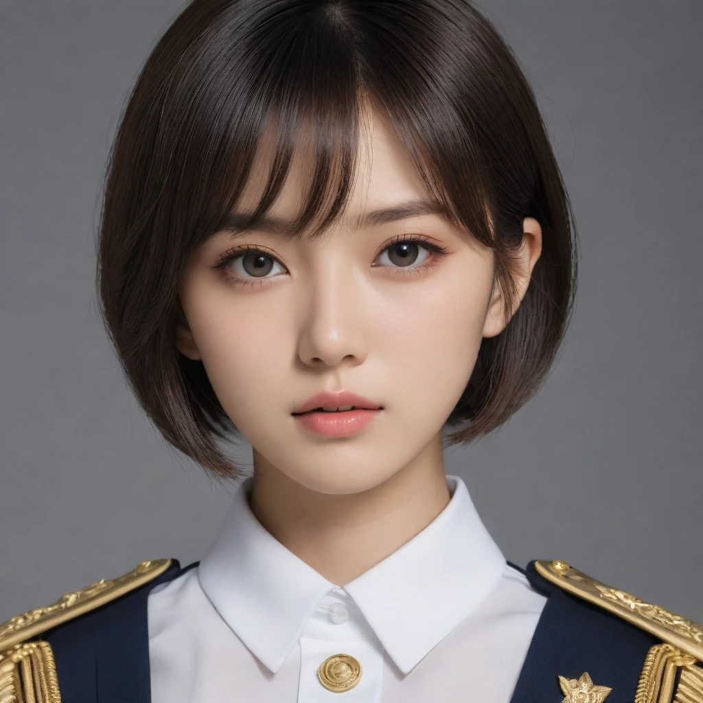 8k, Ultra-high resolution, Highest quality, masterpiece, 三分割法によるphotograph,Surreal, photograph, 1 Girl, (16 years old:1.3), pretty girl, Cute Face, Beautiful eyes in every detail, 細かくdetailedに,masterpiece,One Girl:1.2,Japanese female officer,Superior non-commissioned officer,extream close up,furious,glaring,Black short hair,Bob with bangs, (The finest ceremonial attire:1.3),Military clothing, SS uniform,HUGO BOSS,Sharp contours,Looking down,Gray background, Light from above, Low contrast, (Side view),Perfect and beautiful face ,完璧でCute Face, Skin with attention to detail, Perfect limbs、Narrow waist,Looking at the audience,(((Ideal body type))),A cup small breasts :2,Portraiture:2,Perfect Anatomy,鮮明なdetailed,detailed,Surreal,Light and shadow,glowing