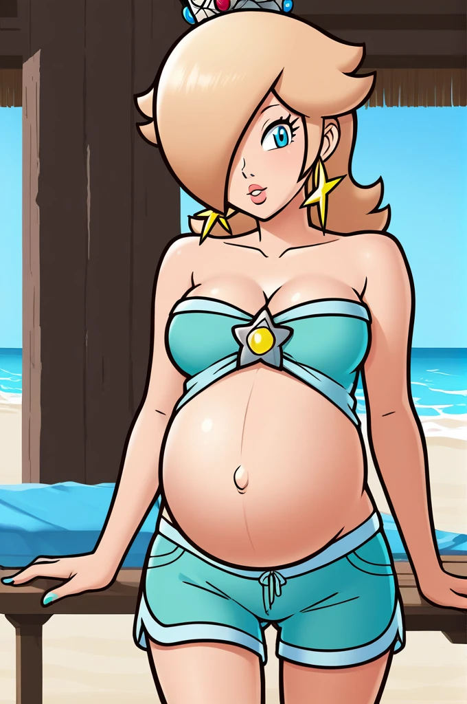 score_9, score_8_up, 1girl, solo, rosalina, style parody, thick outlines, black bikini, shorts, pregnant belly, sleeveless, strapless, cleavage, indoors, beach, front view