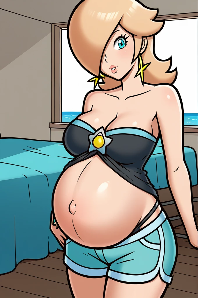 score_9, score_8_up, 1girl, solo, rosalina, style parody, thick outlines, black bikini, shorts, pregnant belly, sleeveless, strapless, cleavage, indoors, beach, front view