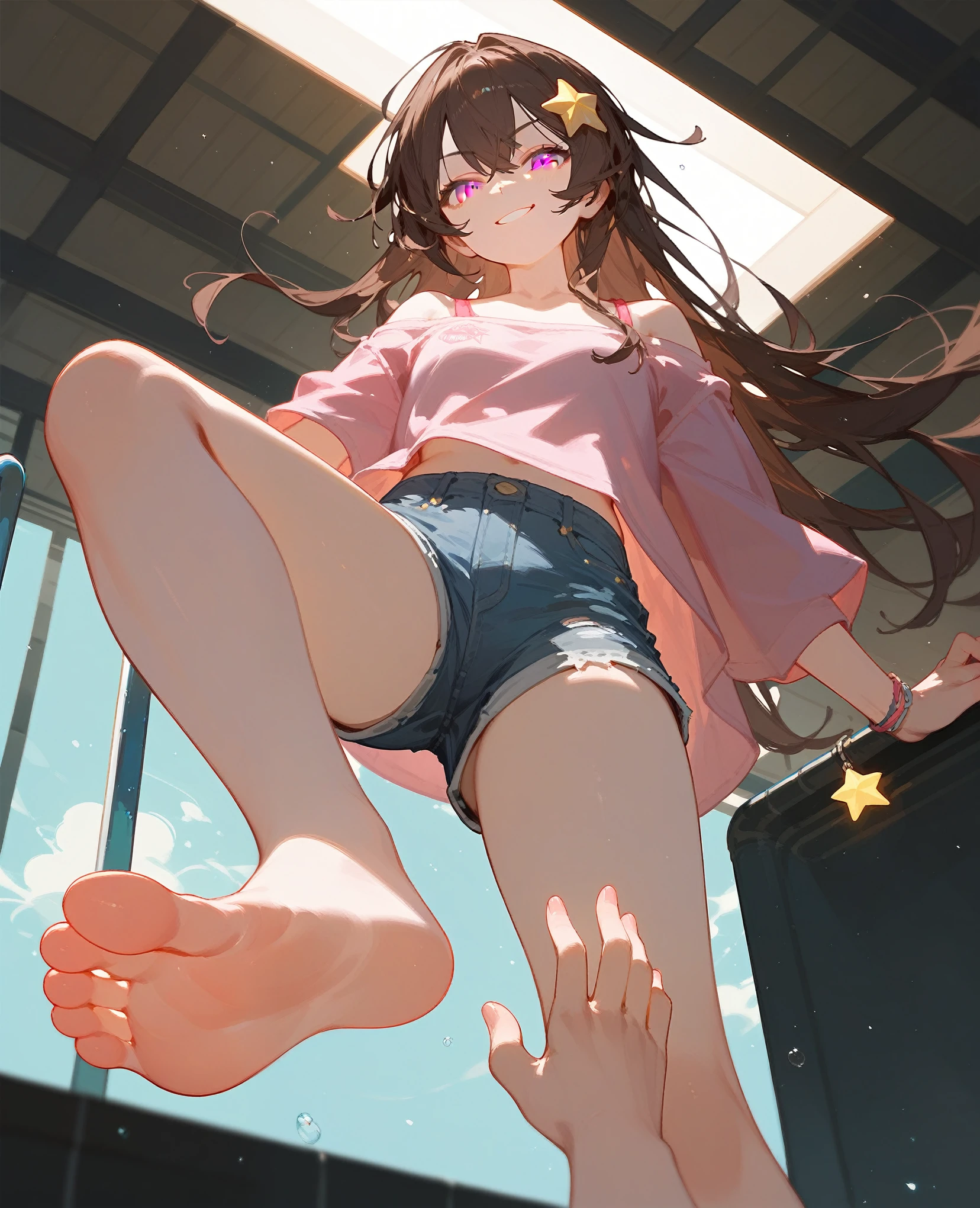In the pool，A woman reveals the soles of her feet，Denim shorts，There are bangs between the eyes，Pink off-the-shoulder T-shirt，Long hair，Brown hair，Anatomically correct，Pink Eyes，There is a yellow five-pointed star on the head，There is a hand under your feet，Smirk
