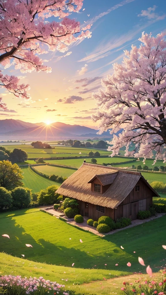 A tranquil countryside scene at sunrise, perfect for an anime setting. The scene features a calm, expansive field with dew-covered grass glistening in the early morning light. A small, meandering river winds through the field, reflecting the soft, golden hues of the sunrise. In the background, gentle rolling hills rise up, dotted with blooming wildflowers in pastel colors. A quaint, rustic farmhouse with a thatched roof sits nestled among a grove of cherry blossom trees in full bloom, their petals softly falling and carried by the morning breeze. Birds can be seen flying in the sky, adding a sense of liveliness to the serene landscape.