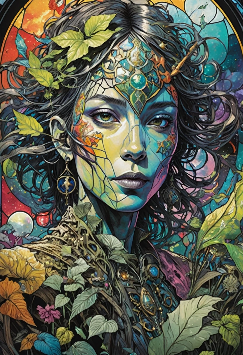 Poster,Jim Mahfood,ellen jewett, Very detailed, High Contrast,masterpiece, Stained Glass Background,,psychedelic,世界の創造魅惑的なpsychedelic, LSD Trip, colorful, Shine,