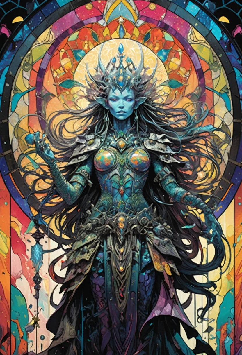 Poster,Jim Mahfood,ellen jewett, Very detailed, High Contrast,masterpiece, Stained Glass Background,,psychedelic,世界の創造魅惑的なpsychedelic, LSD Trip, colorful, Shine,God of Wind and Thunder
