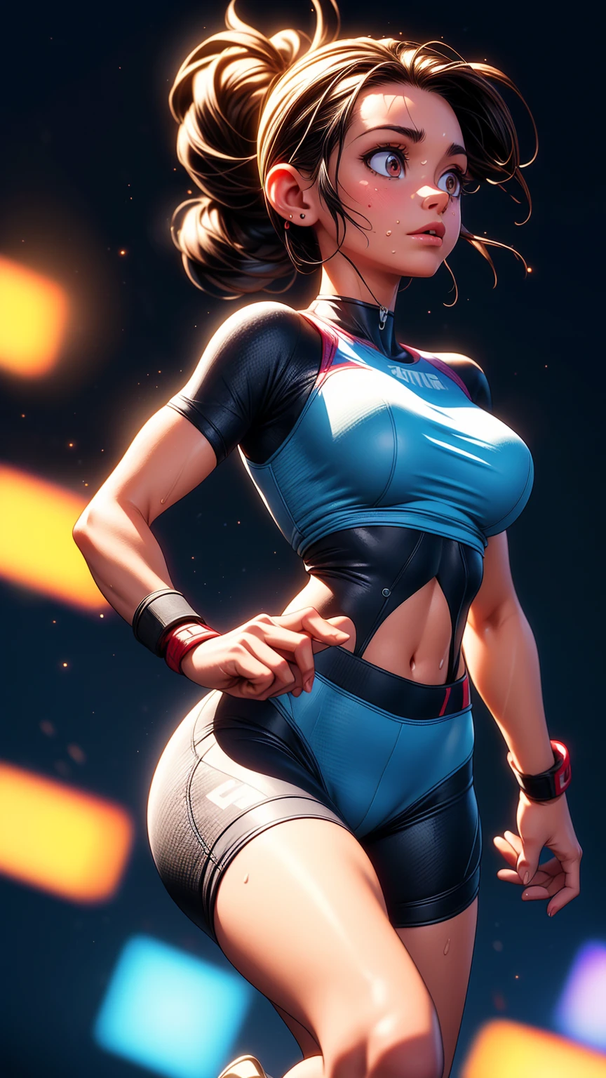 24-year-old Caucasian female fitness instructor; tomboy; athletic build; defined muscles; short spiky dark brown hair; hair has neon blue tips; hazel eyes; subtle cybernetic enhancements; fair skin; wears high-tech workout attire including sports bras, compression shorts, and tank tops; in a futuristic gym setting with high-tech equipment; poses confidently, exuding a rebellious and tomboyish attitude; background includes vibrant neon lights and a gritty urban atmosphere; large breasts; Disney-style, CGI; best quality; high definition; trending on artstation; complex volumetric lighting; shadows;