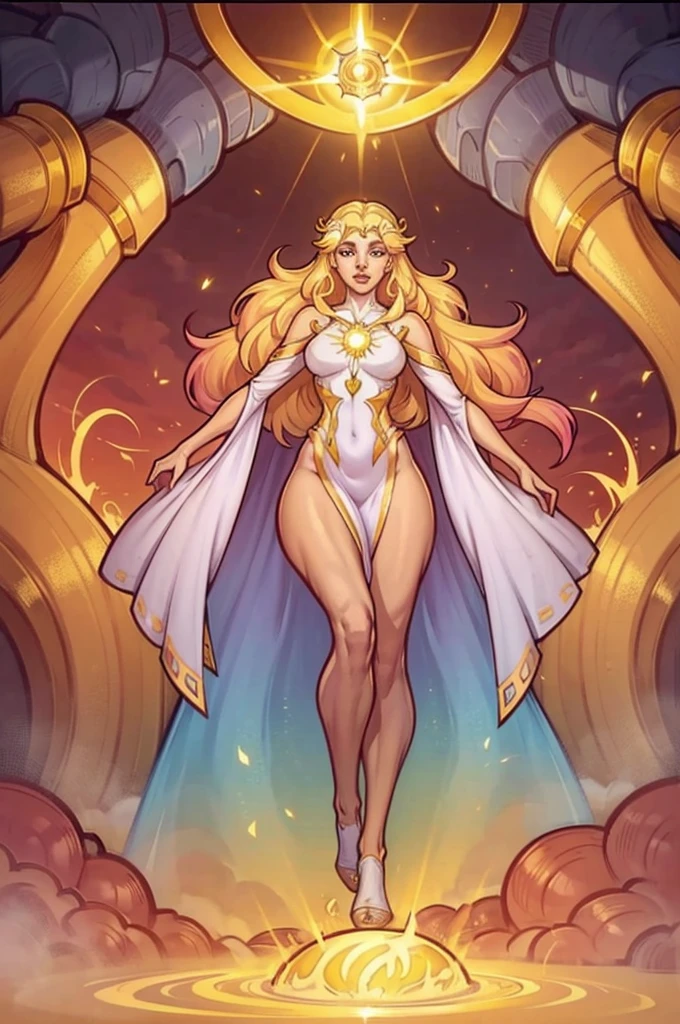 Eos is the goddess of dawn. She is often described as a radiant and luminous woman, with a beauty that announces the new day. Her hair is long and golden, like the rays of the rising sun, and often float around you as if they were always in motion. Your eyes are blue or gold, bright and full of hope. Eos has clear and glowing skin, reflecting the dawn light. She has a slim and elegant figure, often portrayed in bright, light-colored robes, like pink and gold, that float gracefully around you.
